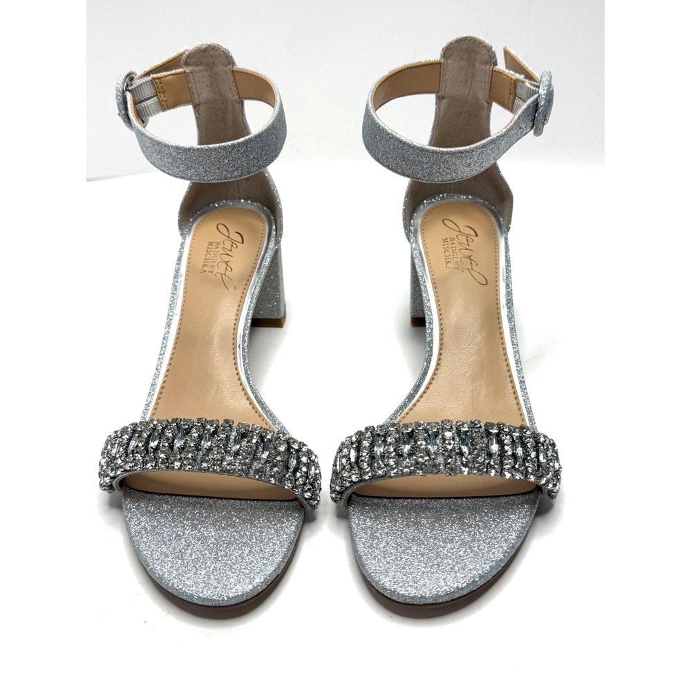 Jewel Badgley Mischka James Block Heel Evening Sandals Silver Glitter Size 6 NWT